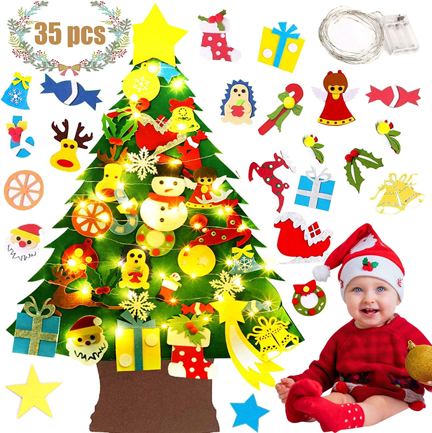 DIY vildist jõulupuu koos ehete ja tuledega