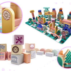 Puidust klotsid linna ning võidusõiduraja ehitamiseks + autod ja figuurid (160 osa) Soodukas.Com