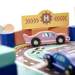 Puidust klotsid linna ning võidusõiduraja ehitamiseks + autod ja figuurid (160 osa) Soodukas.Com