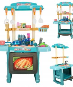 Mänguköök heli- ja valgusefektide, voolava kraanivee ja aurufunktsiooniga + nõud ja toiduained