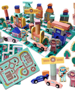 Puidust klotsid linna ning võidusõiduraja ehitamiseks + autod ja figuurid (160 osa)