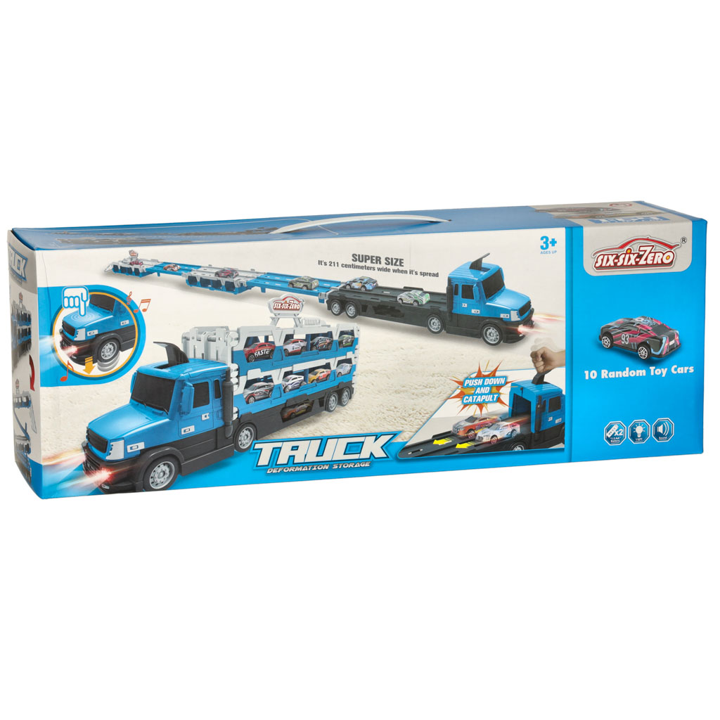 TIR autotransporter – kokkupandav võidusõiduraja komplekt + 10 autot – Soodukas.Com Valgus- ja heliefektidega autoraja komplekt lastele