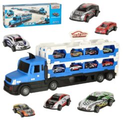 TIR autotransporter – kokkupandav võidusõiduraja komplekt + 10 autot