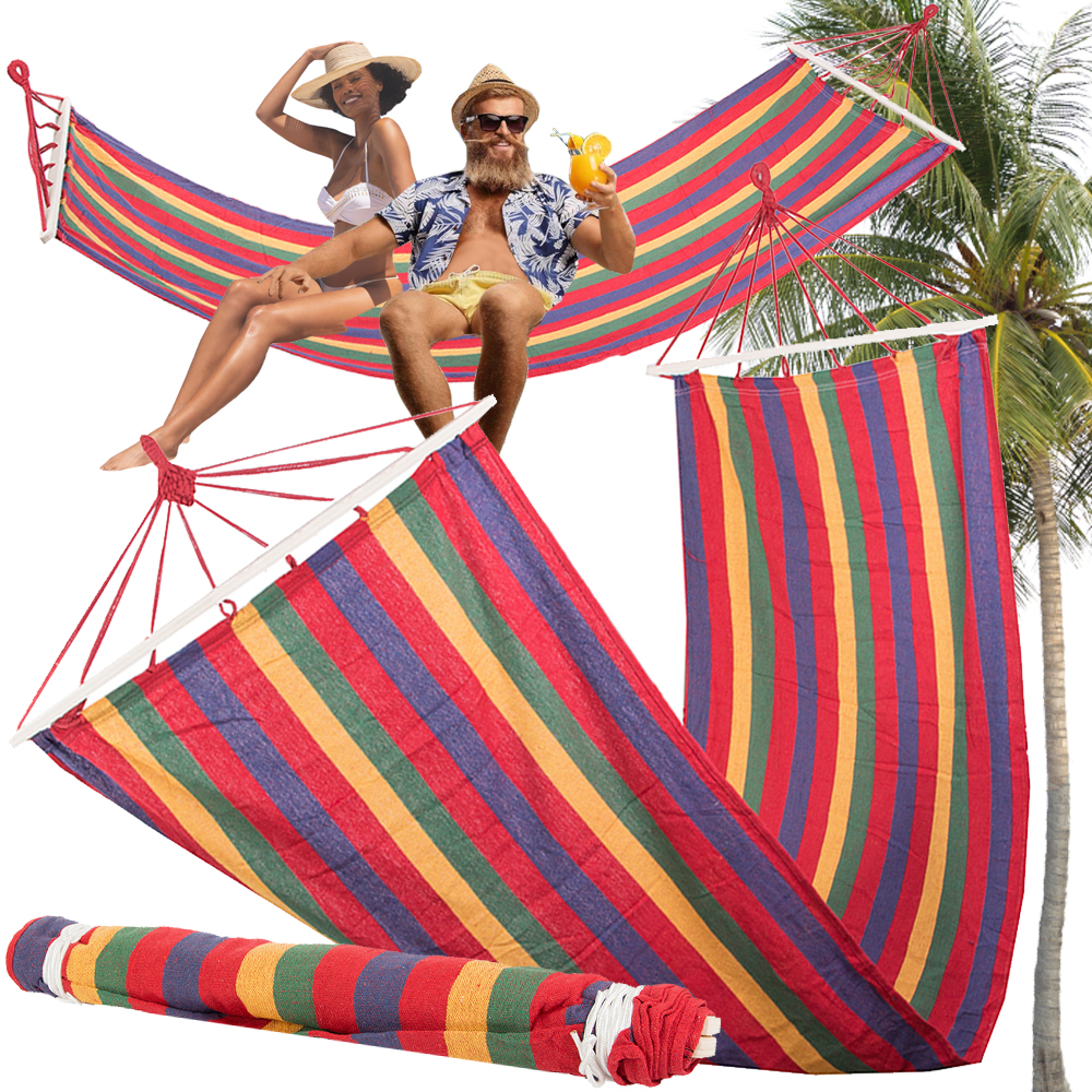 Hamak ogrodowy wzmocniony w paski kolorowy drewno bujak huśtawka 200 x 80 – Soodukas.Com Tugevdatud triibuline võrkkiik