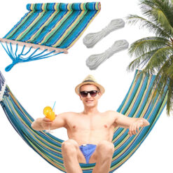 Hamak ogrodowy wzmocniony w paski kolorowy drewno bujak huśtawka 200 x 80 Soodukas.Com