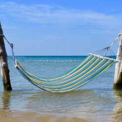 Hamak ogrodowy wzmocniony w paski kolorowy drewno bujak huśtawka 200 x 80 Soodukas.Com