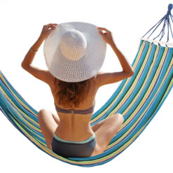 Hamak ogrodowy wzmocniony w paski kolorowy drewno bujak huśtawka 200 x 80 Soodukas.Com