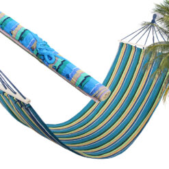 Hamak ogrodowy wzmocniony w paski kolorowy drewno bujak huśtawka 200 x 80 Soodukas.Com