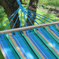Hamak ogrodowy wzmocniony w paski kolorowy drewno bujak huśtawka 200 x 80 Soodukas.Com