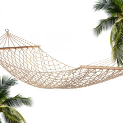 Hamak ogrodowy sznurkowy siatka drewniane poprzeczki boho pleciony biały Soodukas.Com
