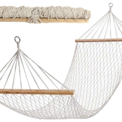 Hamak ogrodowy sznurkowy siatka drewniane poprzeczki boho pleciony biały Soodukas.Com